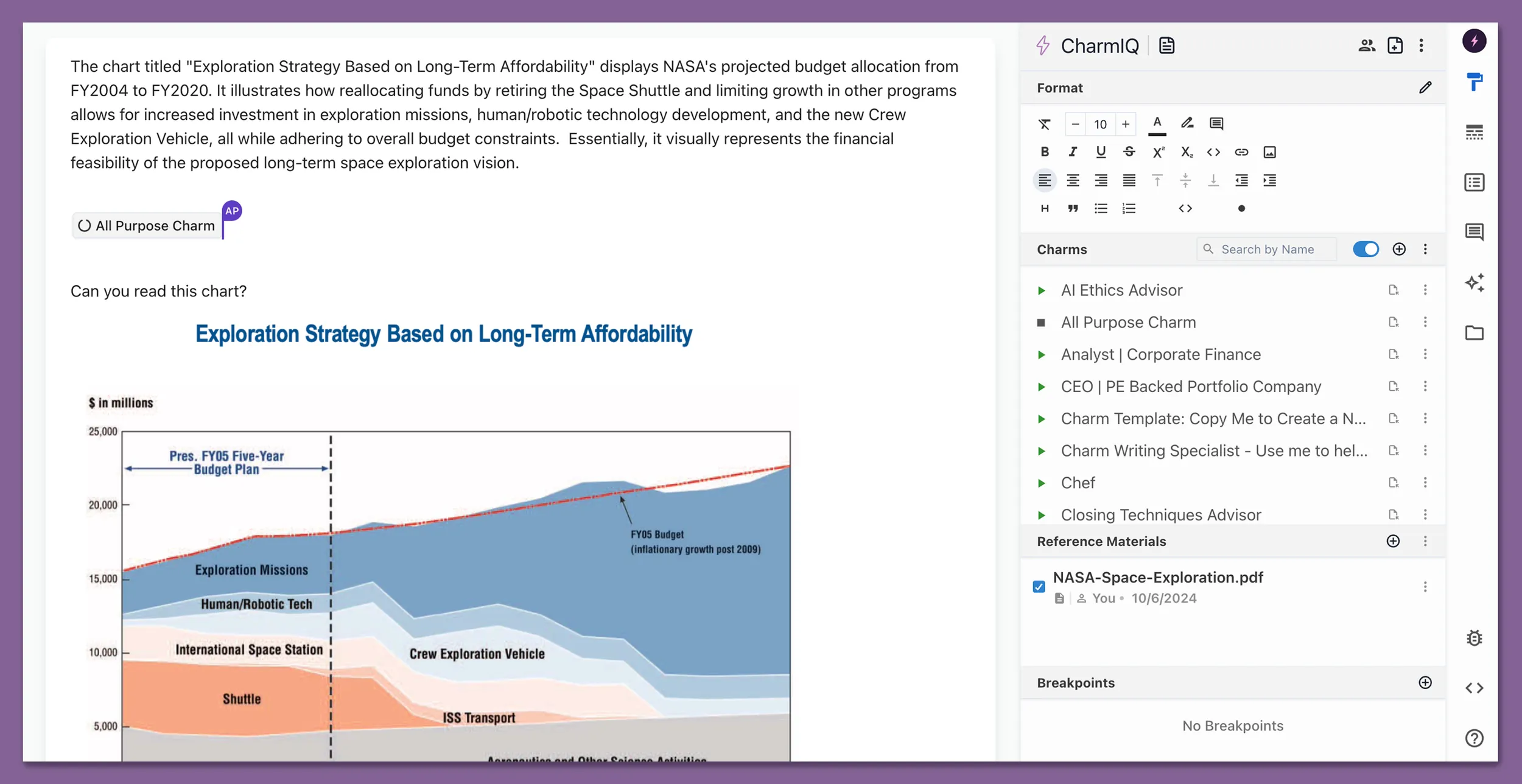 CharmIQ's dynamic workspace